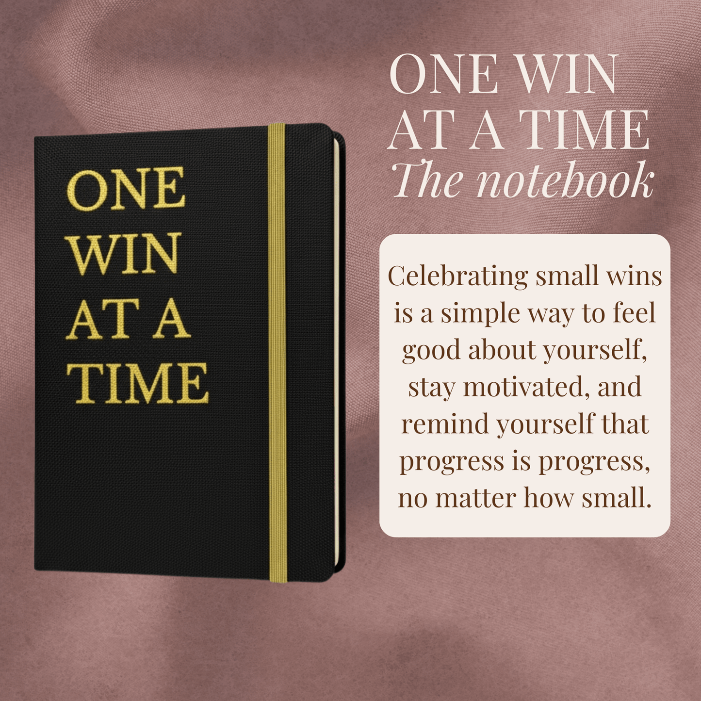 Beige Inwords Gifting notebook titled "One Win at a Time" with motivational text and lined pages for daily journaling.