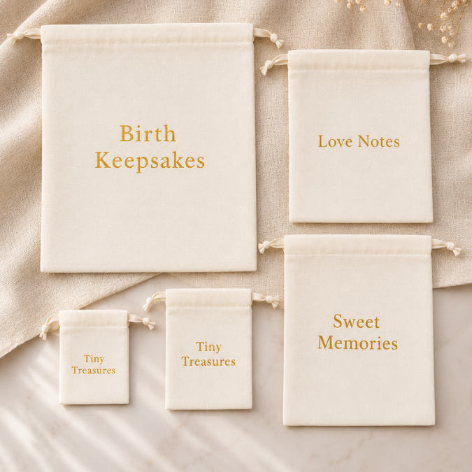 Set of two Memory Keeper Pouches by Inwords Gifting with soft fabric and zipper closures, ideal for organizing valuables.