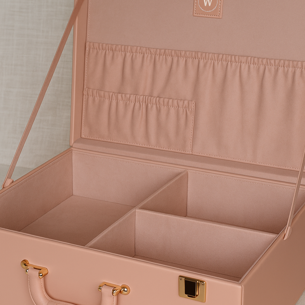 Pink jewelry box with compartments and a heart-shaped tag on a beige background