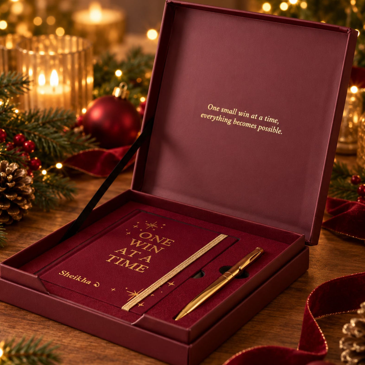 Red Christmas edition gift set from Inwords Gifting featuring "One Win at a Time" message, perfect for holiday gifting.
