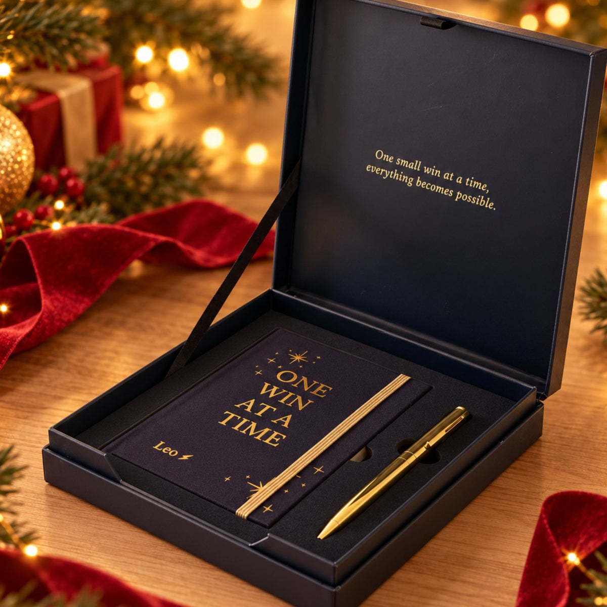 Christmas Edition gift set featuring "One Win at a Time" message by Inwords Gifting, with festive packaging and motivational design.