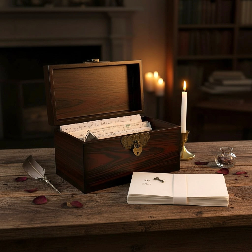 Open keepsake box filled with letters by candlelight