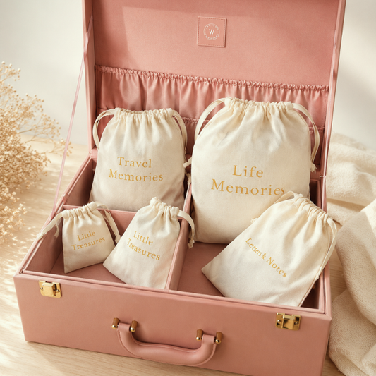 Set of three stylish memory keeper pouches by Inwords Gifting, featuring colorful and textured fabric designs for organizing keepsakes.